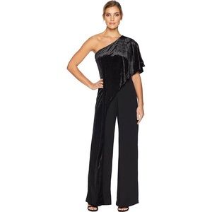 Adrianna Papell Formal Black Velvet Draped One Shoulder Pant Evening Jumpsuit